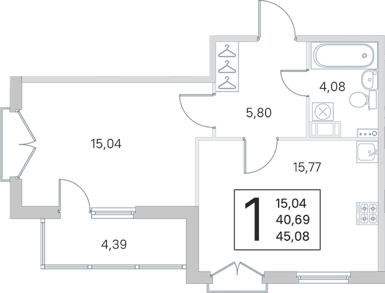 1-комнатная квартира 40.69 м², 4/4 эт., ЖК «Любоград в Стрельне»